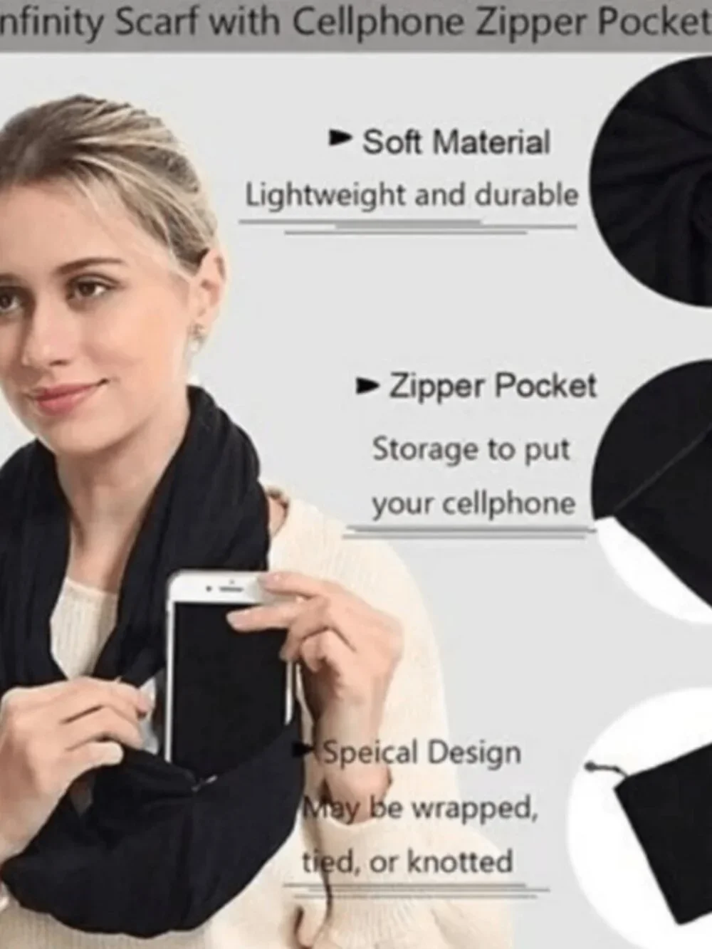 Beyond Yoga Pocket Infinity‎ Scarf Black Hidden Zipper Wrap